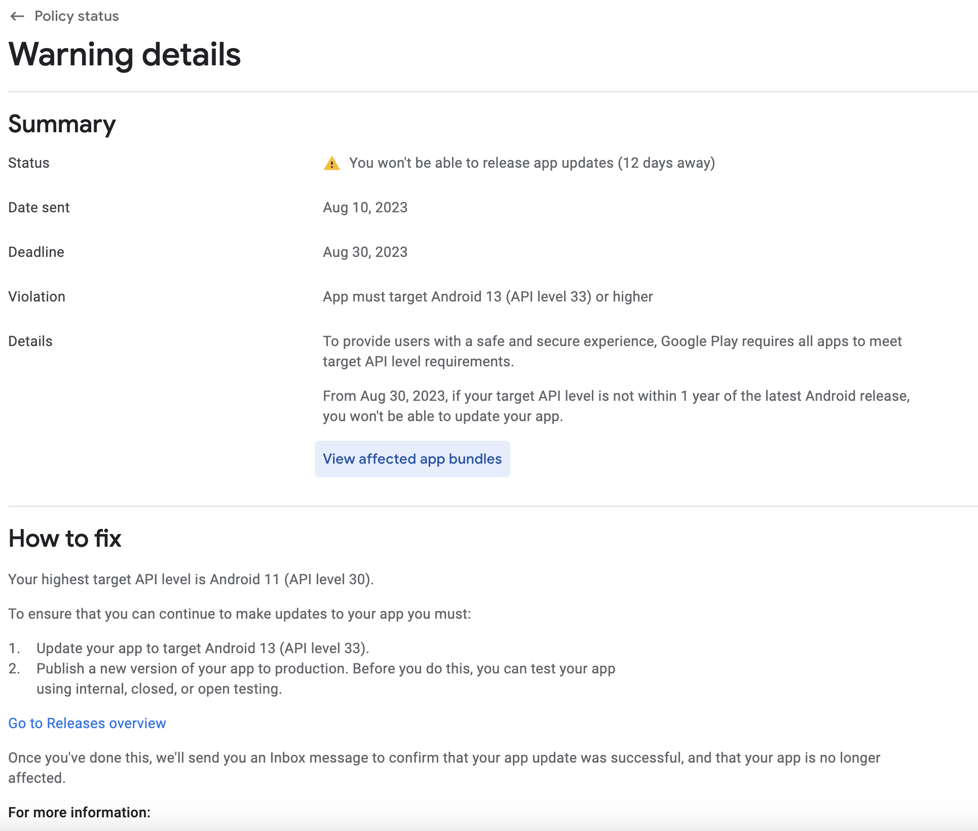 Your app currently targets API level 31 and must target at least API level 33 to ensure it is built on the latest APIs