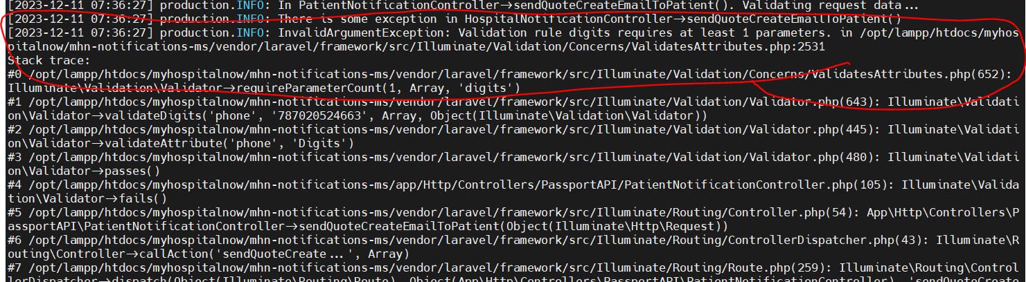 InvalidArgumentException: Validation rule digits requires at least 1 parameters.