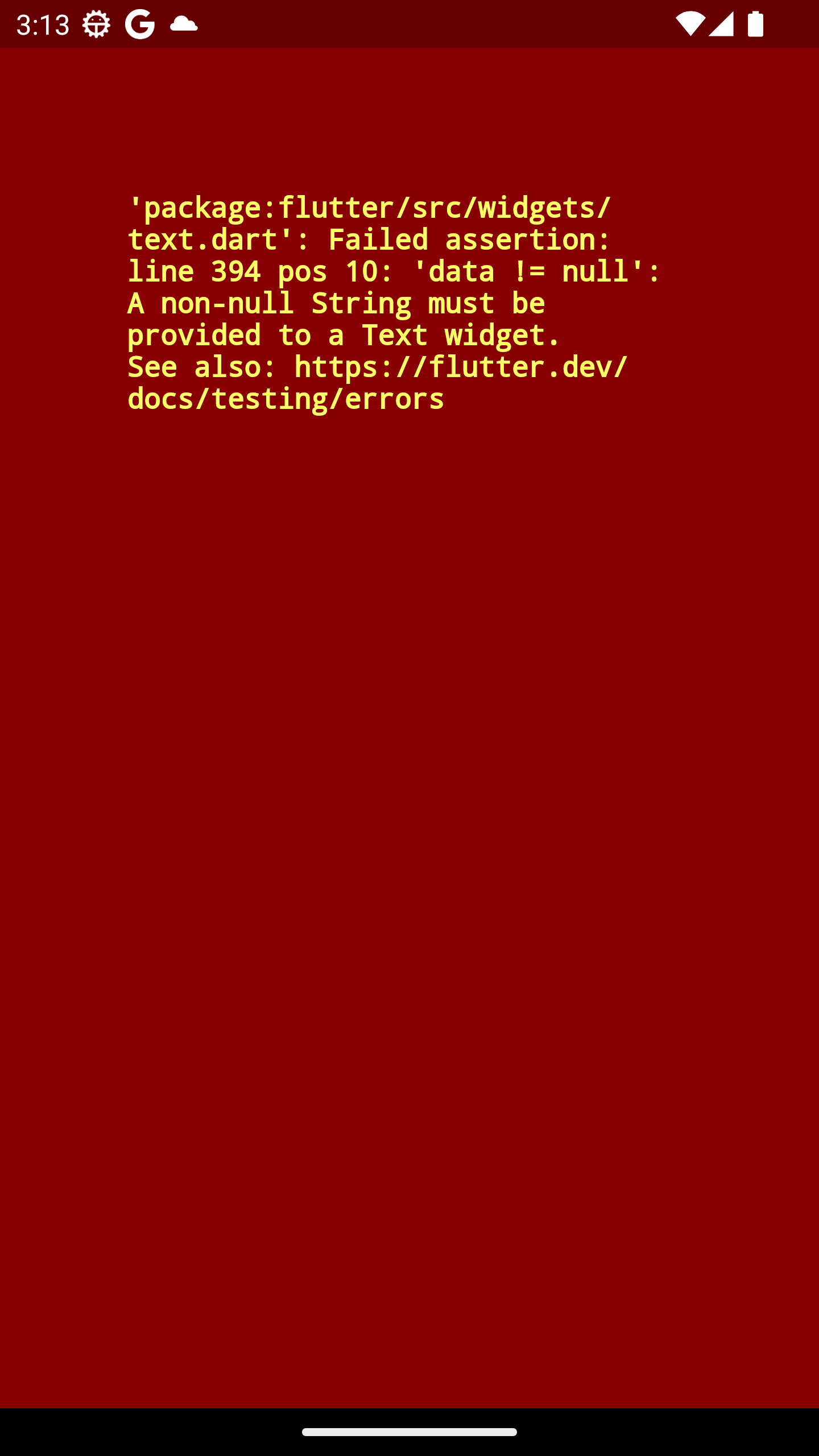 A non-null String must be provided to a Text widget
