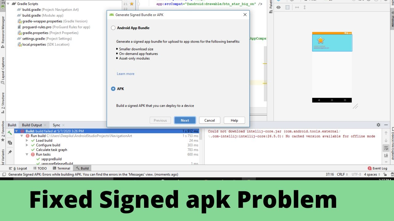 Generate Signed APK: Errors while building APK. You can find the errors in the ‘Messages’ view