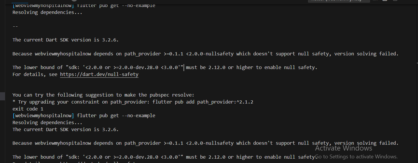 The lower bound of “sdk: ‘<2.0.0 or >=2.0.0-dev.28.0 <3.0.0′” must be 2.12.0 or higher to enable null safety.